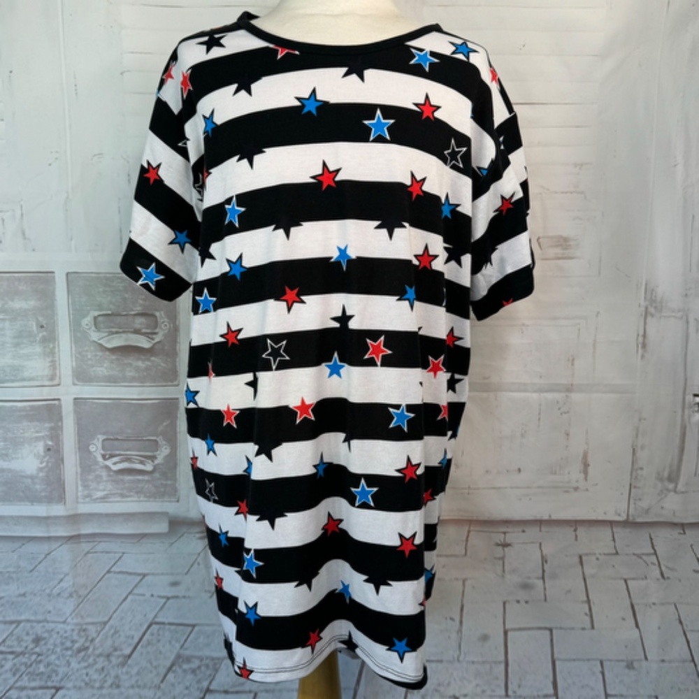 LuLaRoe Gracie Girls Black White Strip Stars Patriotic 4 of July Top Shirt 14